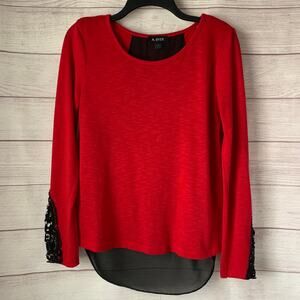 A. Byer Red and Black Blouse Split Back High Low Hem Lace Sleeve Size L